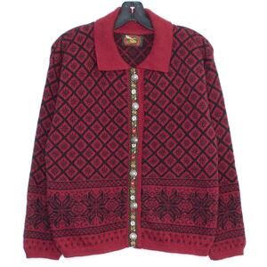 Alps Cardigan Sweater Vtg Wool Nordic Classic Cabin Preppy Scandi Red Medium FM